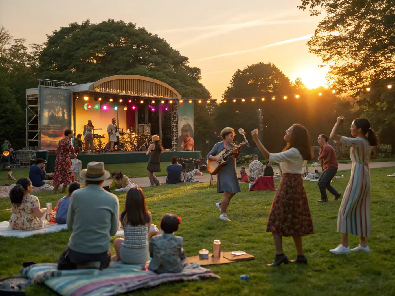 A vibrant image of a community concert with diverse attendees enjoying live music and performances, showcasing the lively atmosphere of CENTRE SOCIO CULTUREL's fundraising events.