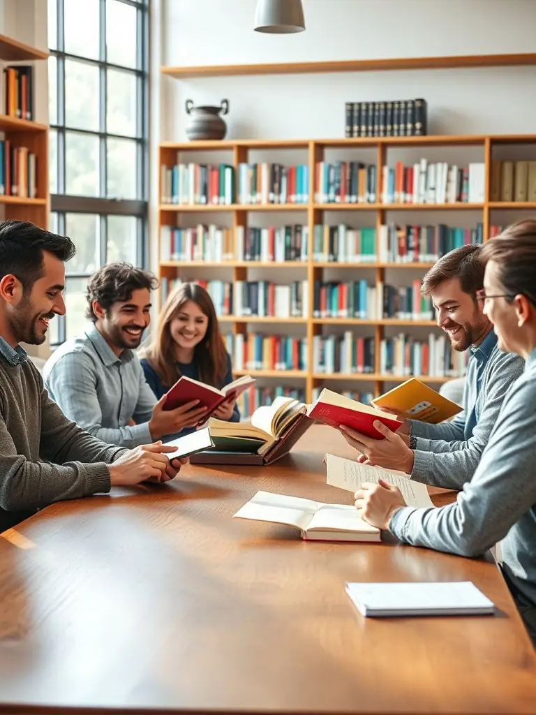 A group of people of different ages are sitting around a table in a brightly lit room, deeply engrossed in a book, with one person animatedly gesturing as they discuss a passage, representing the reading program at CENTRE SOCIO CULTUREL.