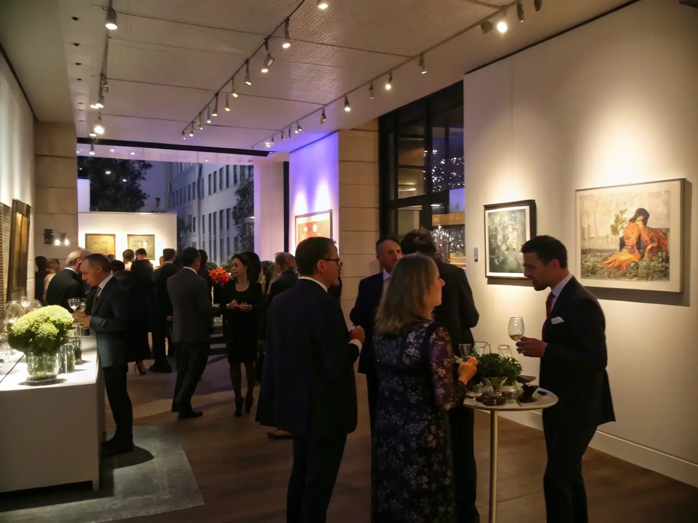 A sophisticated image of a soirée event with attendees dressed elegantly, enjoying art displays and engaging in conversations, reflecting the cultural richness of CENTRE SOCIO CULTUREL's events.