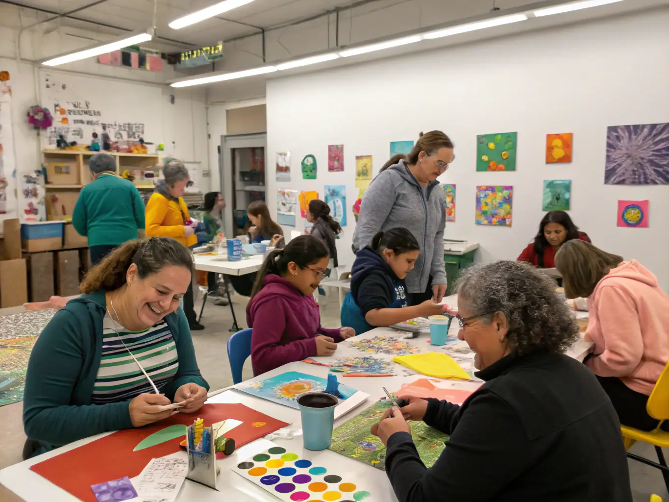 An image showcasing community members participating in a vibrant arts workshop or cultural event at the Centre, with participants of various ages engaged in painting and crafting.