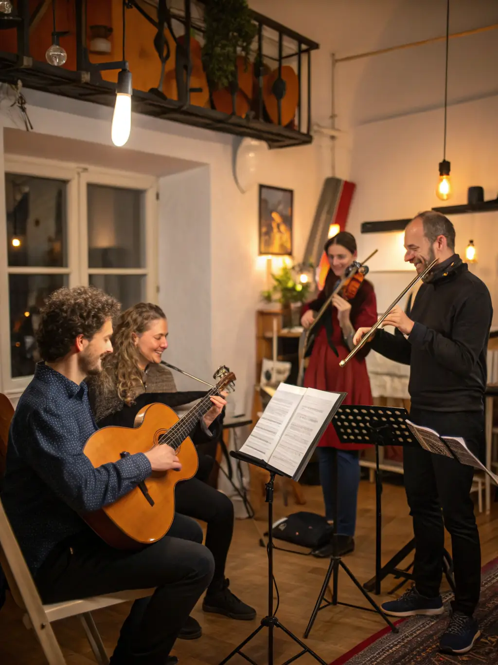 A group of musicians playing various instruments together in a harmonious setting, emphasizing the music program at CENTRE SOCIO CULTUREL.
