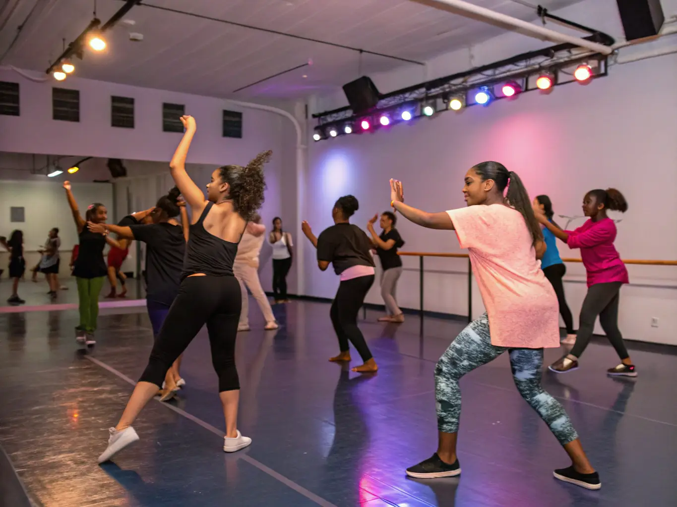 A lively photo of a dance class in session at the Centre, with participants of different ages and backgrounds learning various dance styles.