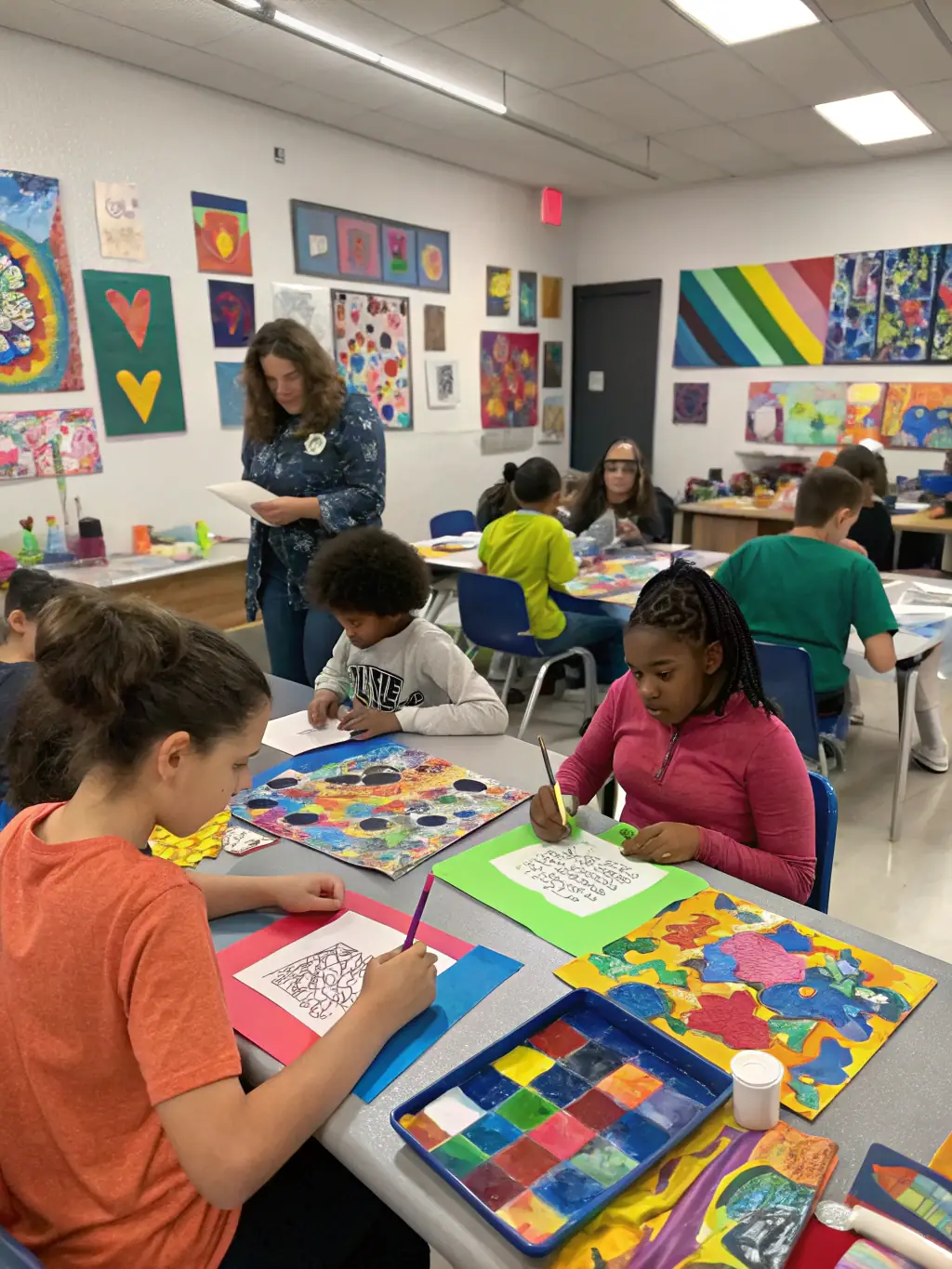 A vibrant art class in progress, with participants of all ages creating colorful paintings and sculptures, showcasing the visual arts program at CENTRE SOCIO CULTUREL.
